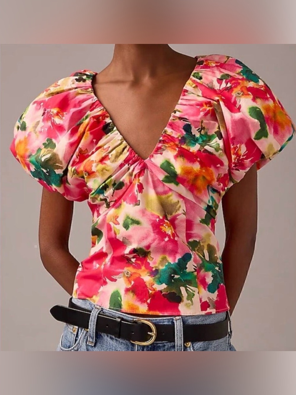 J. Crew Multicolor Floral Blouse with Puff Sleeves
